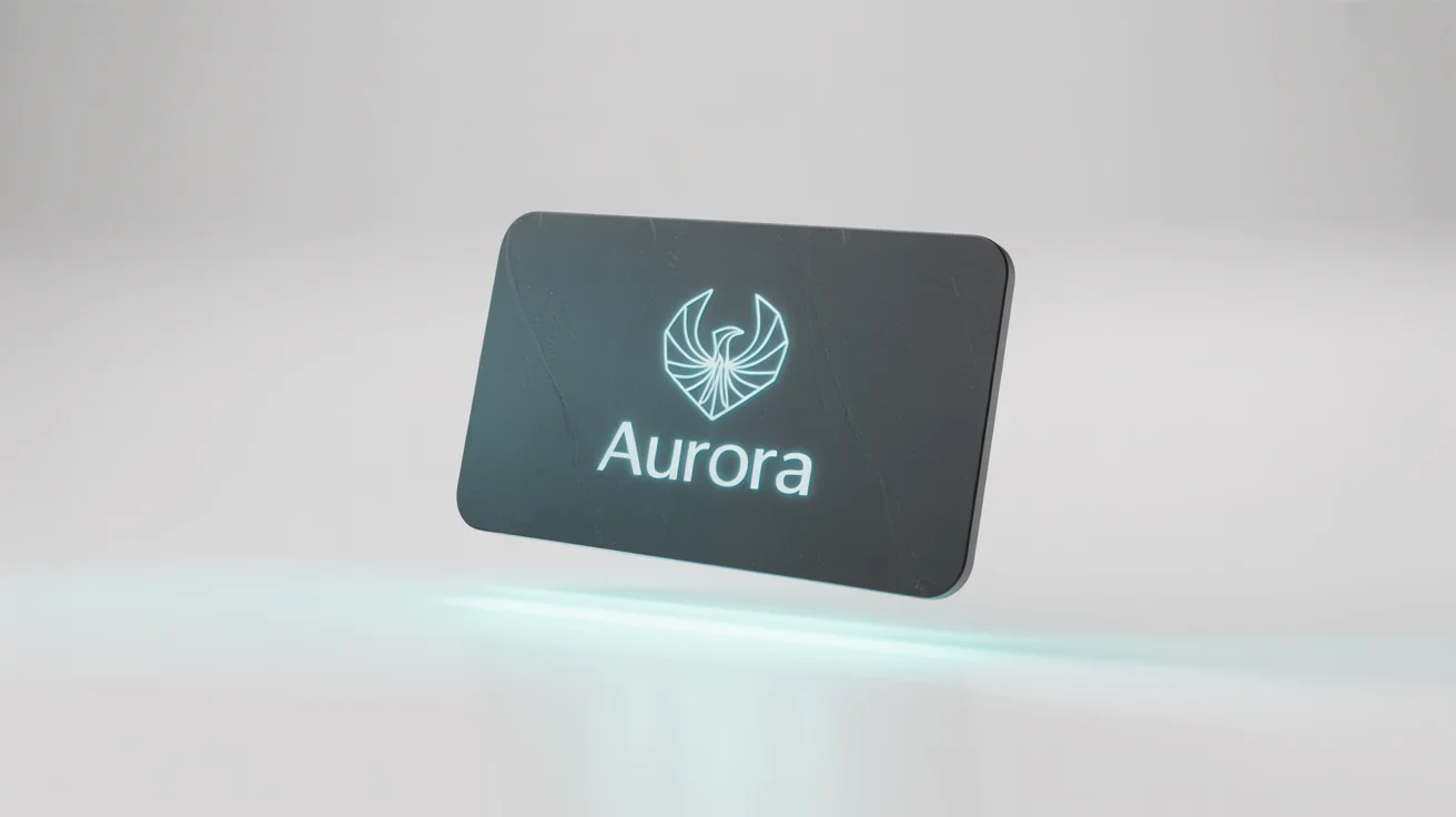 A mockup of a dark mode logo for a fictional brand 'AURORA'. A glowing cyan geometric phoenix icon and white text are displayed on a dark charcoal plaque, set against a clean white background.