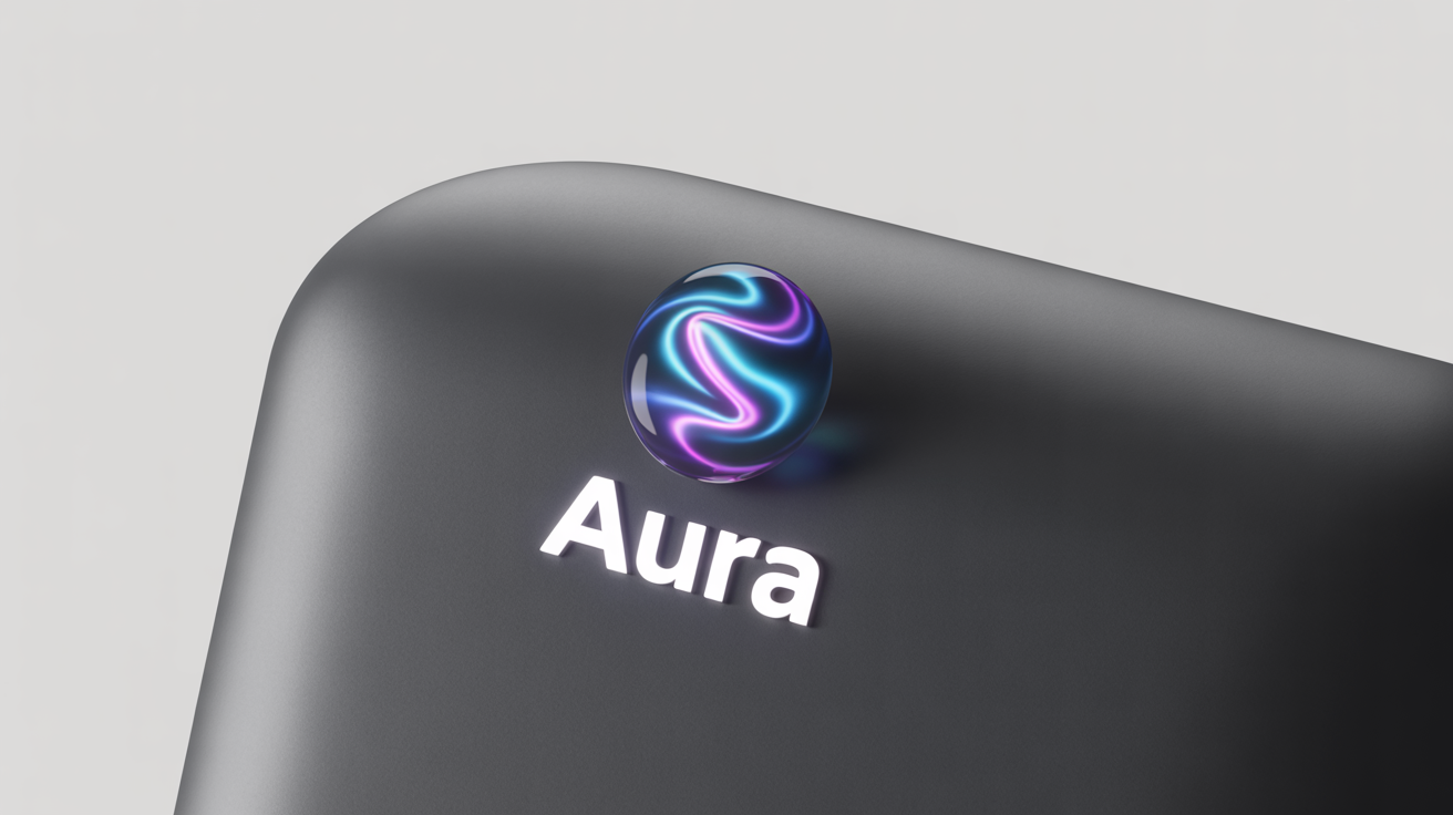 A modern logo for the brand 'AURA' designed for dark mode, featuring a glowing blue and purple abstract shape on a black background.