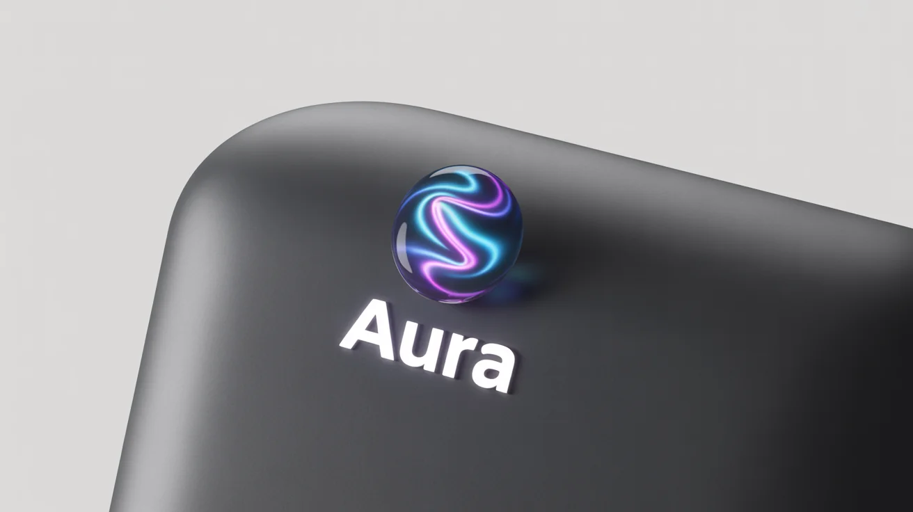 A modern logo for the brand 'AURA' designed for dark mode, featuring a glowing blue and purple abstract shape on a black background.