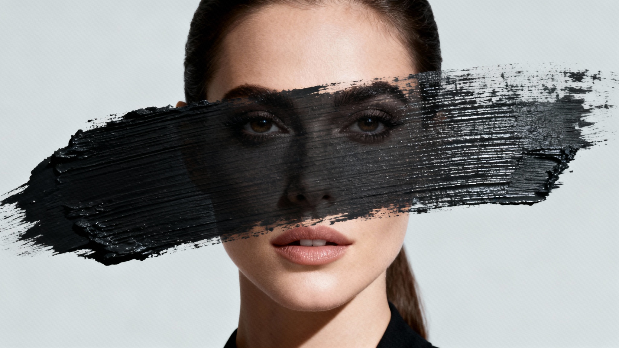 A graphic design hero image showing an opacity mask: a woman's portrait is visible only within the shape of a large, horizontal black paint brush stroke against a light gray background.