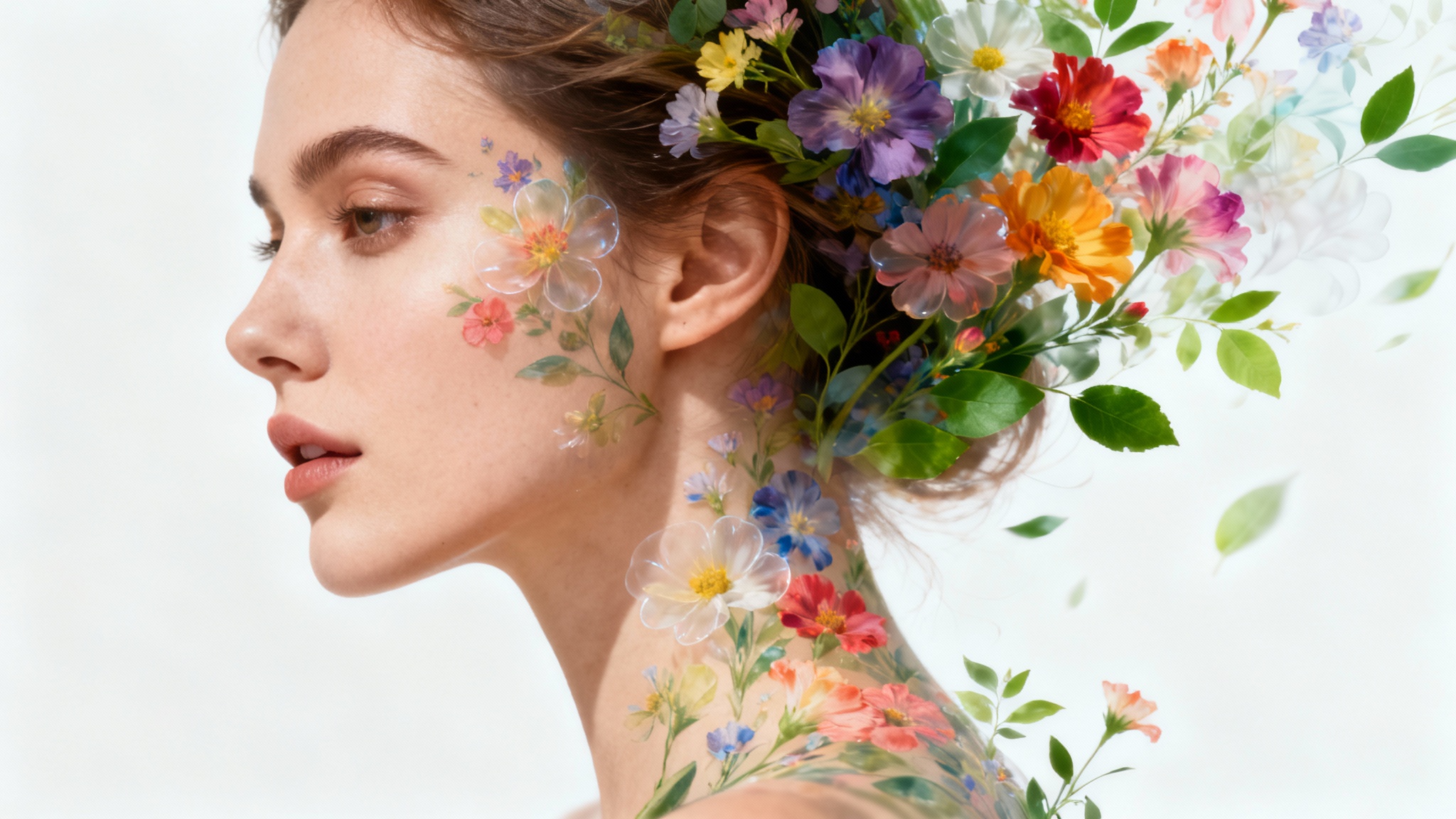 A creative visual of a woman's profile seamlessly blending into a vibrant floral pattern, illustrating the concept of an opacity mask against a clean white background.