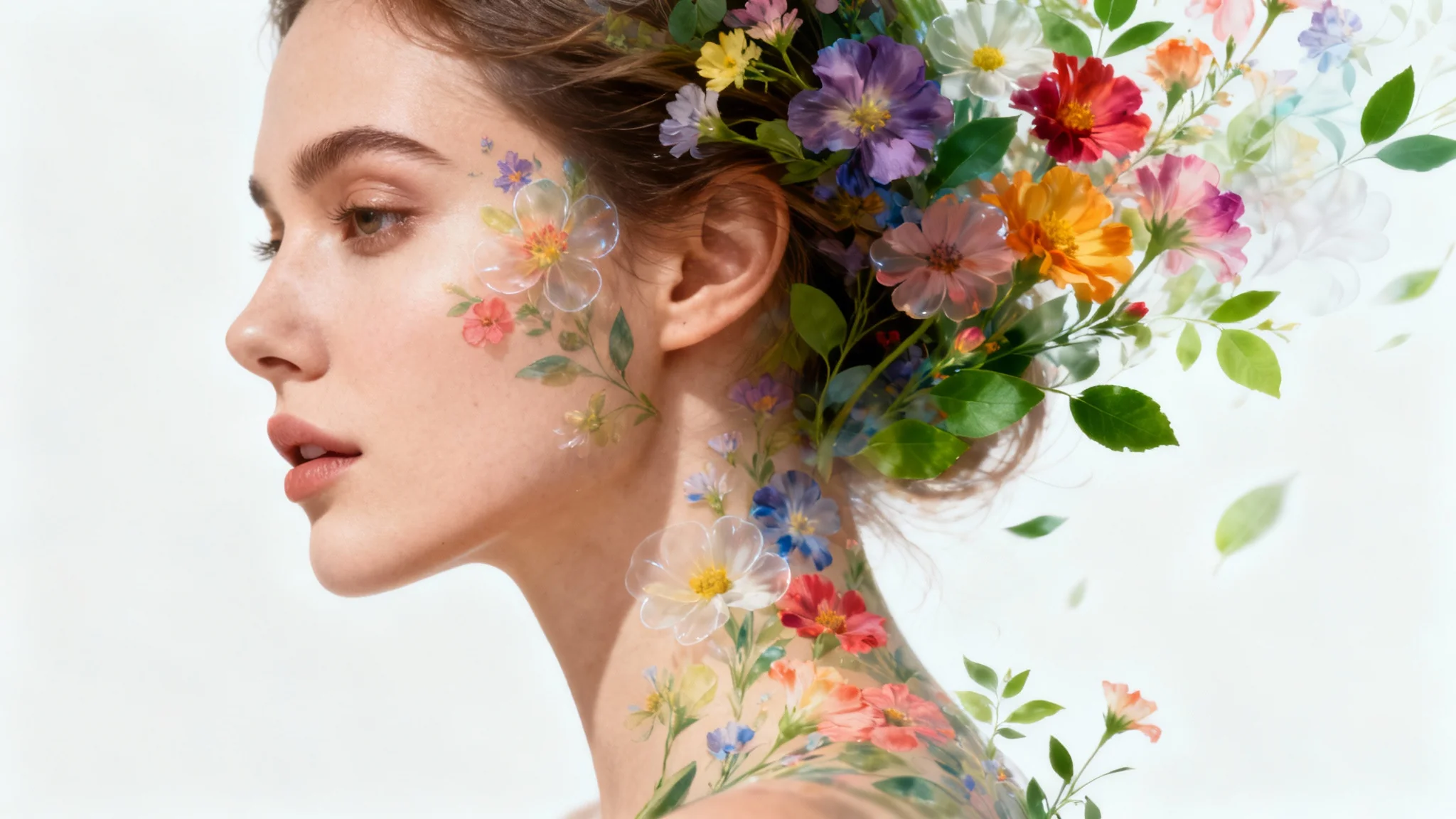 A creative visual of a woman's profile seamlessly blending into a vibrant floral pattern, illustrating the concept of an opacity mask against a clean white background.
