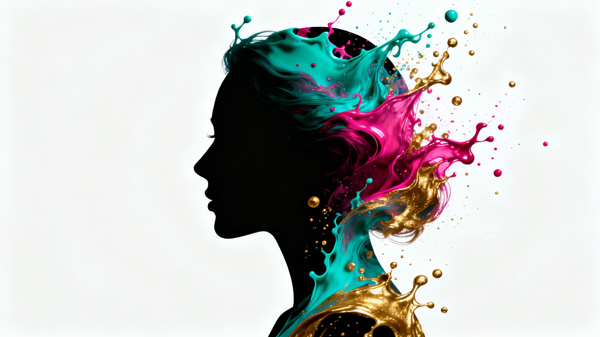 A double exposure image showing a woman's silhouette in profile, filled with swirling, colorful liquid paint, set against a plain white background to represent an opacity mask effect.