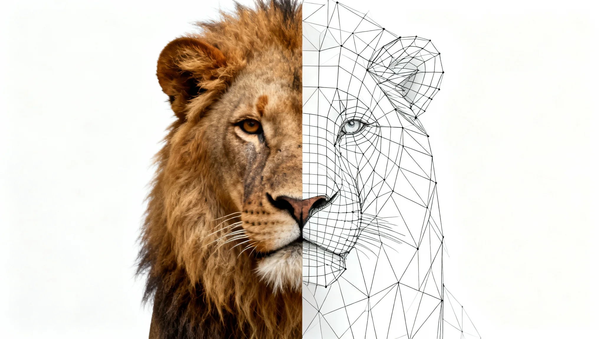 An image illustrating an opacity mask effect, showing a lion's head that is half photorealistic and half a transparent wireframe, set against a white background.