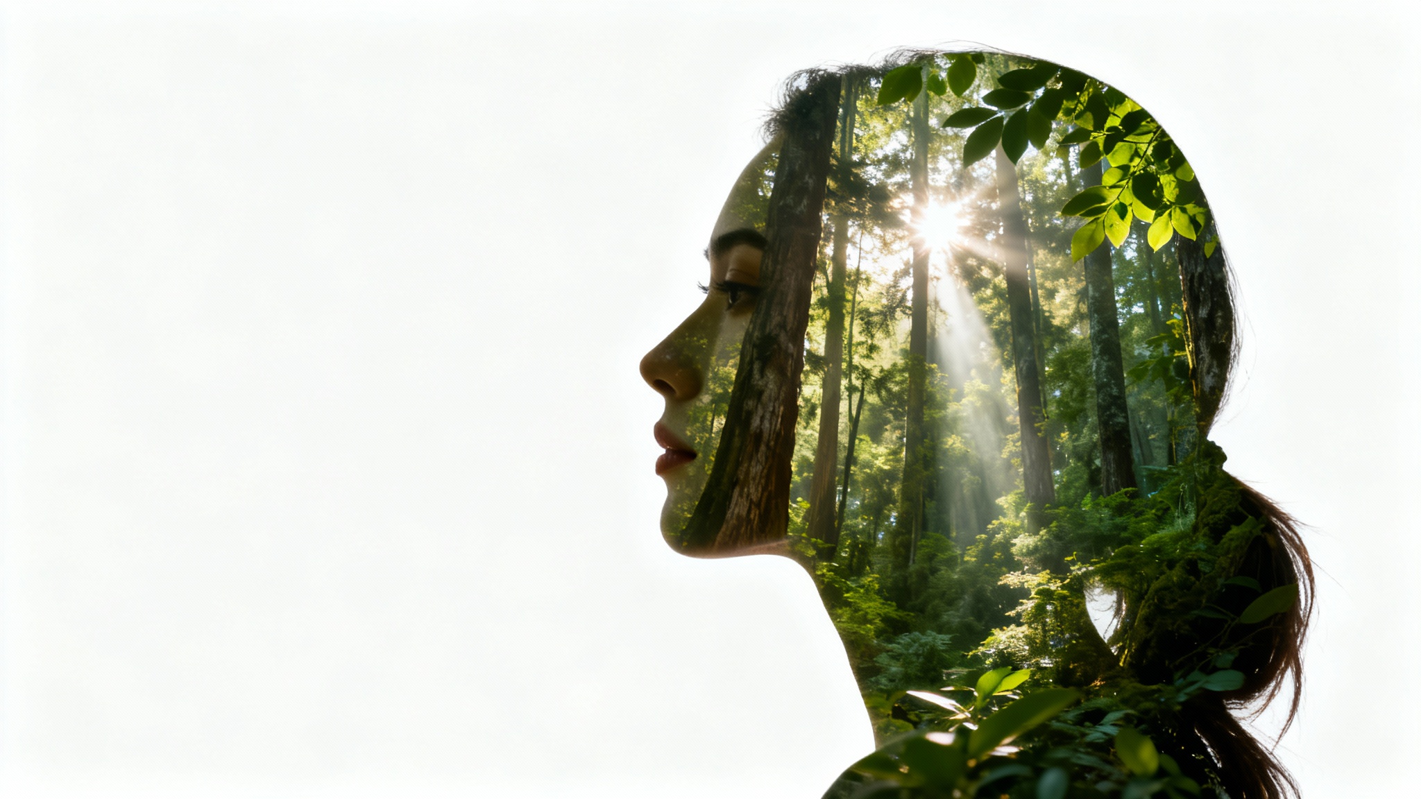 A double exposure portrait of a woman's profile, with a lush forest scene seamlessly blended into her silhouette, illustrating the opacity mask effect on a clean white background.