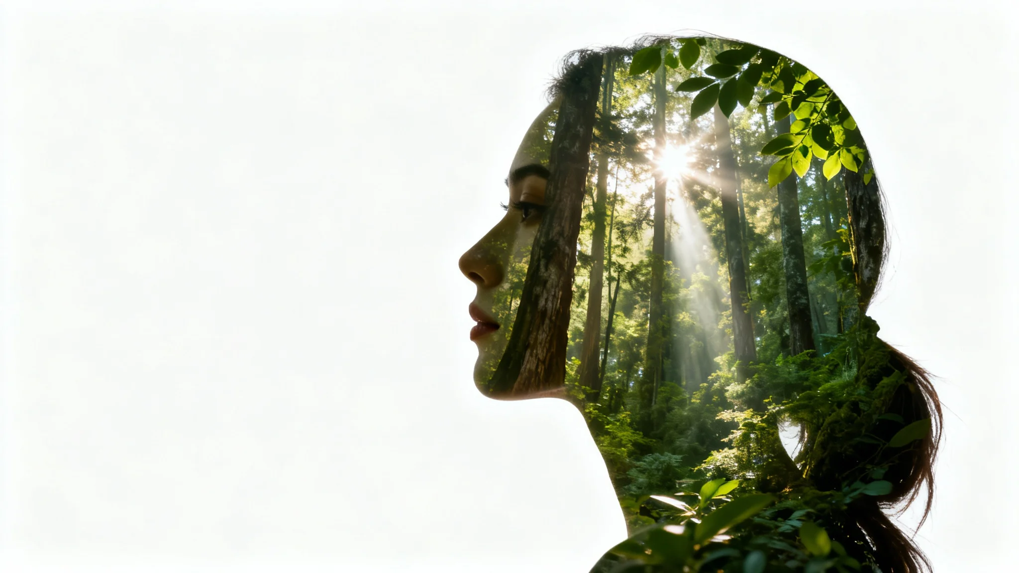 A double exposure portrait of a woman's profile, with a lush forest scene seamlessly blended into her silhouette, illustrating the opacity mask effect on a clean white background.