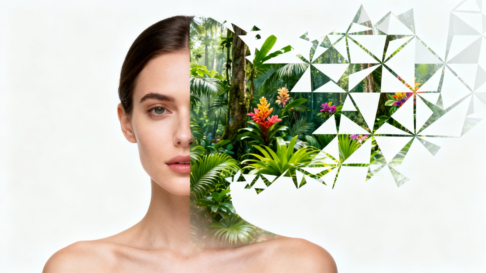 A conceptual photo illustrating an opacity mask: A woman's portrait on a white background, where the right side of her face dissolves into a pattern that reveals a lush tropical rainforest scene behind it.