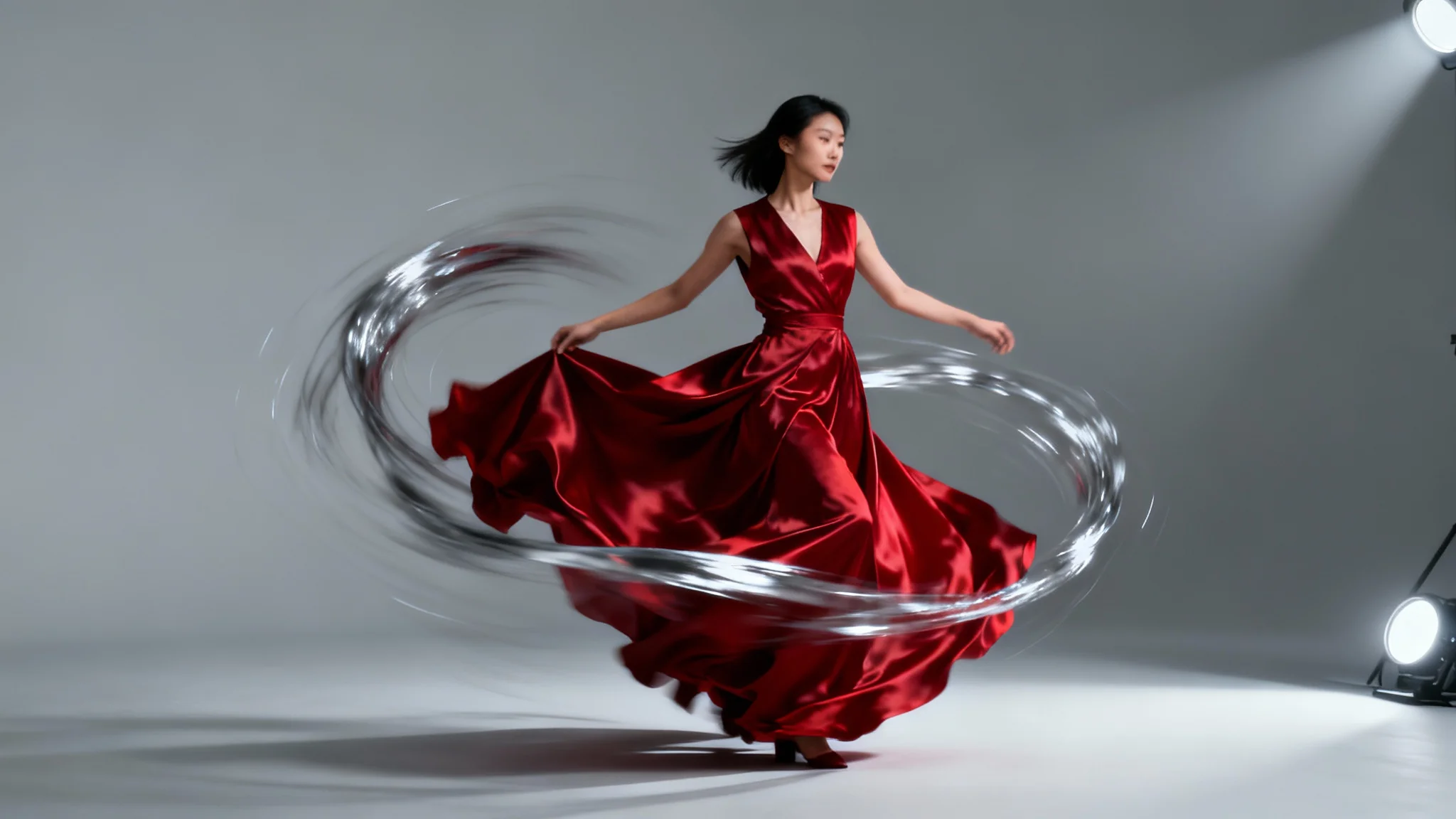 A dynamic hero image showing a woman in a flowing red dress, captured mid-motion to demonstrate a clothing animation effect.