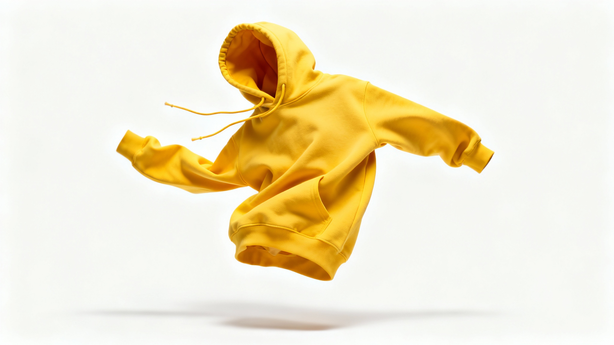 A photorealistic mockup of a yellow hoodie frozen in mid-air as it flips, demonstrating the concept of clothing animation against a plain white background.