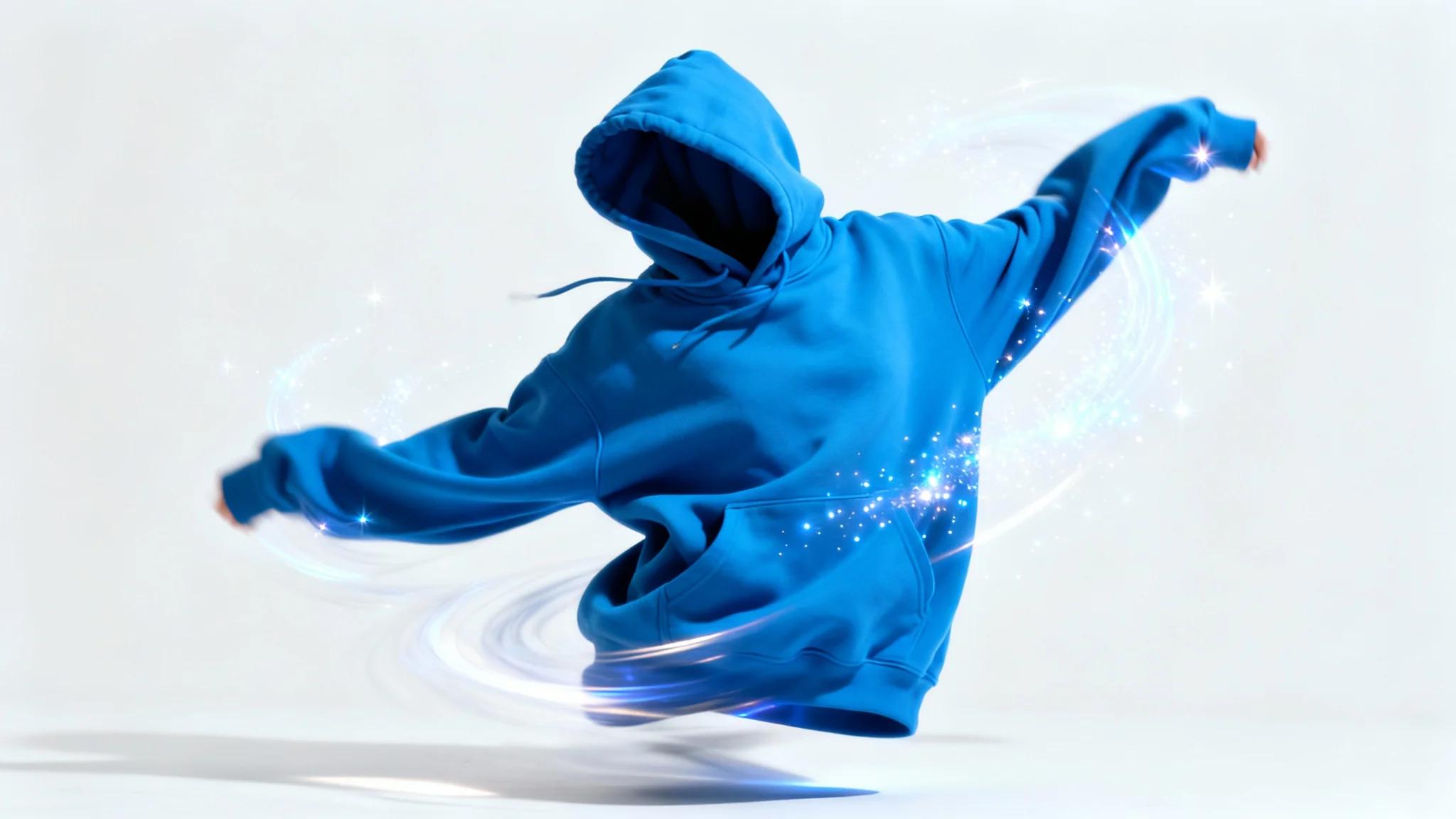 An electric blue hoodie frozen in a dynamic swirling motion against a white background, with light trails suggesting animation.