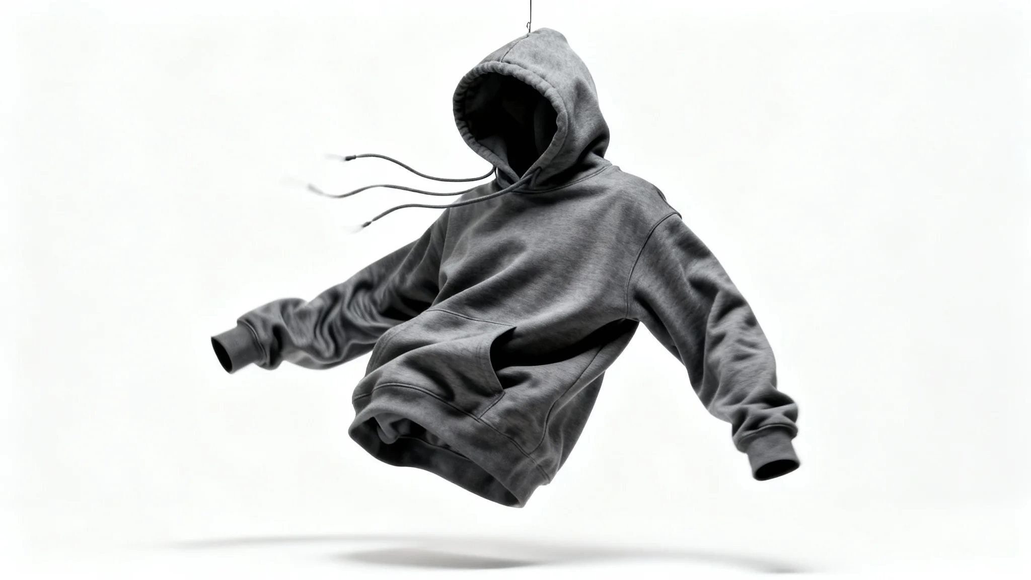 A stylish charcoal gray hoodie frozen in mid-air as it twists and turns, demonstrating the concept of clothing animation.