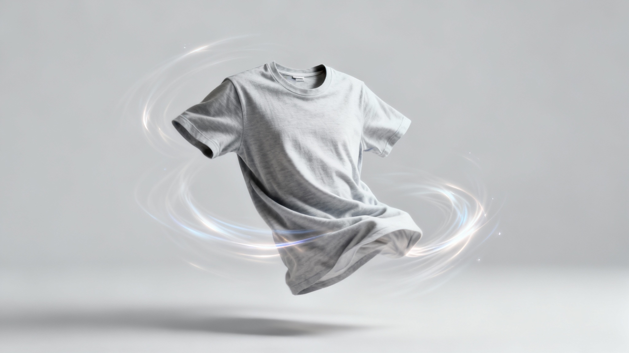 A photorealistic image of a t-shirt animated and floating in mid-air, caught in a dynamic swirling motion against a clean, light gray studio background.