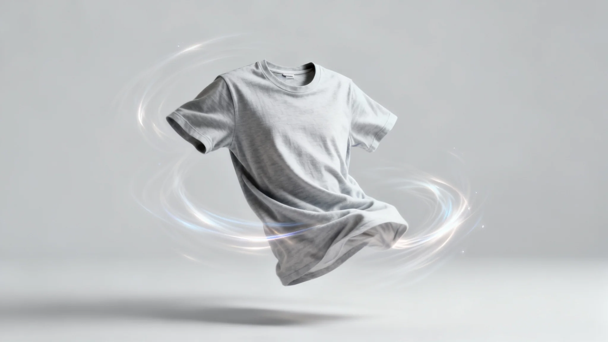 A photorealistic image of a t-shirt animated and floating in mid-air, caught in a dynamic swirling motion against a clean, light gray studio background.