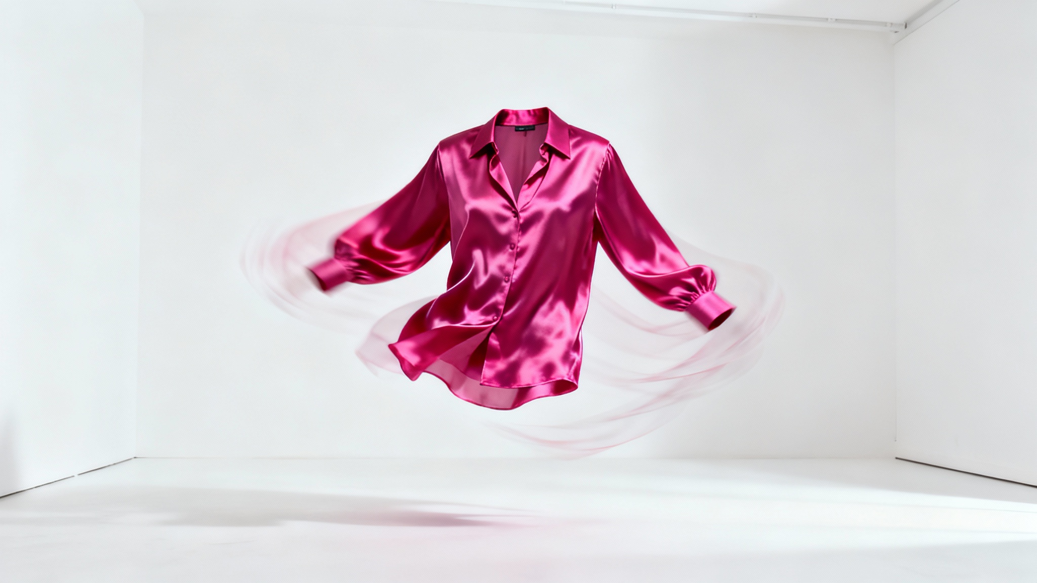 A vibrant silk blouse captured with a stop-motion effect, showing its animated movement through the air against a plain white background.