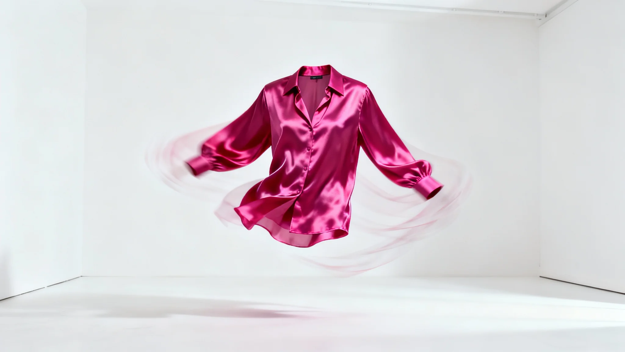 A vibrant silk blouse captured with a stop-motion effect, showing its animated movement through the air against a plain white background.