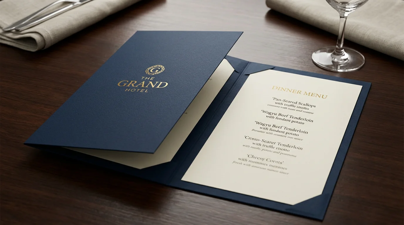 A luxurious, tri-fold hotel menu in navy blue and gold, resting open on a polished wooden table in an elegant restaurant setting.