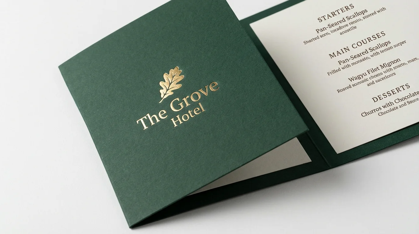 An elegant, forest green hotel menu for 'The Grove Hotel' with gold foil lettering, displayed slightly open on a clean white background, showcasing the fine dining options inside.