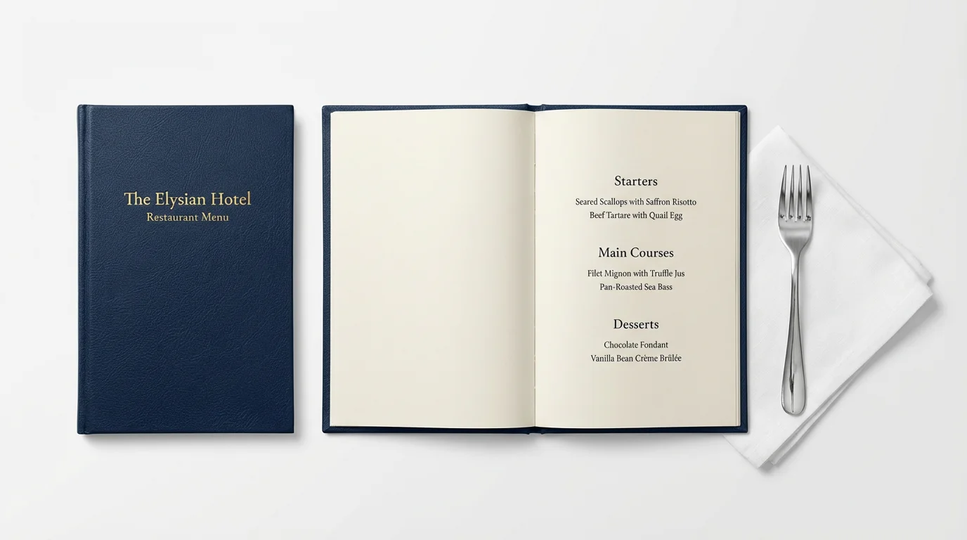 A professional mockup of a luxurious hotel menu card from 'The Elysian Hotel' shown on a clean white background, featuring a navy blue and gold foil design, alongside a linen napkin and silver fork.