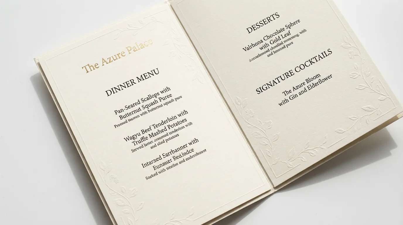 A mockup of a high-end, open hotel menu card for 'The Azure Palace' featuring a minimalist design with gold foil text on textured cream paper, set against a plain white background.