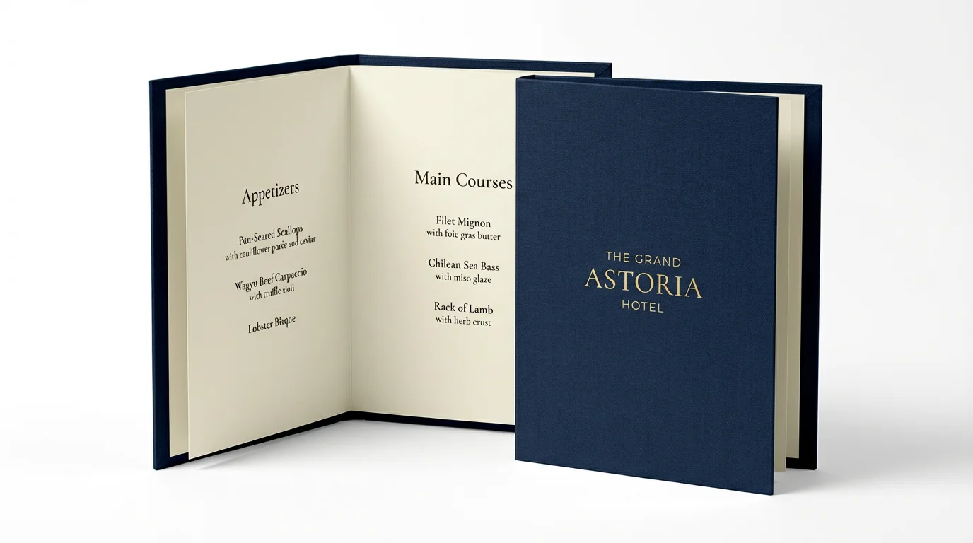 A luxurious, dark blue bi-fold hotel menu for 'The Grand Astoria Hotel' with gold lettering, standing slightly open on a clean white background to show the cream-colored interior pages.