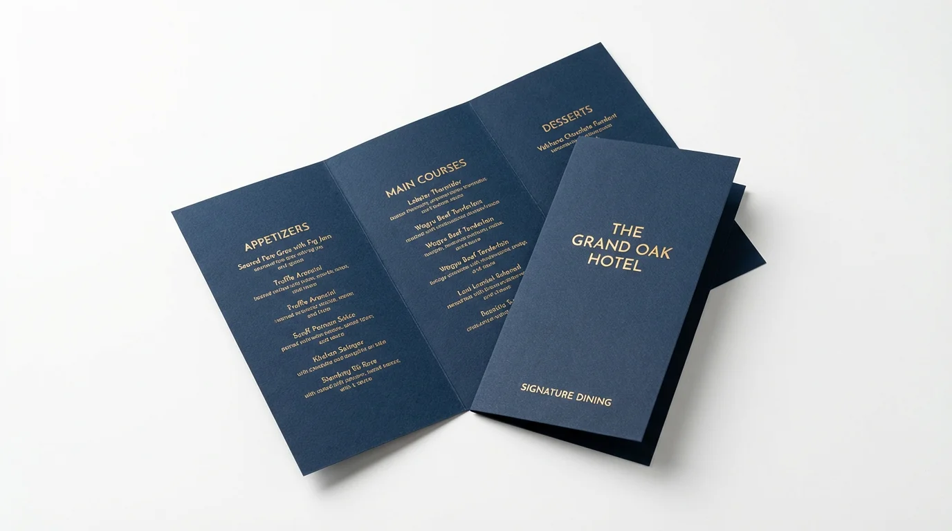 A professional mockup of a luxurious, navy blue and gold hotel menu card for 'The Grand Oak Hotel', displayed on a plain white background.