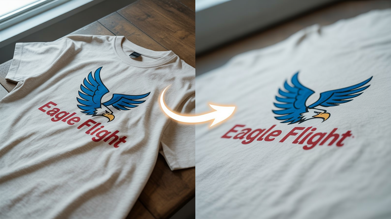 A before-and-after image showing a logo being extracted from a t-shirt. On the left is the original shirt with an 'EAGLE FLIGHT' eagle logo. On the right is the perfectly extracted, high-quality logo on a clean white background.