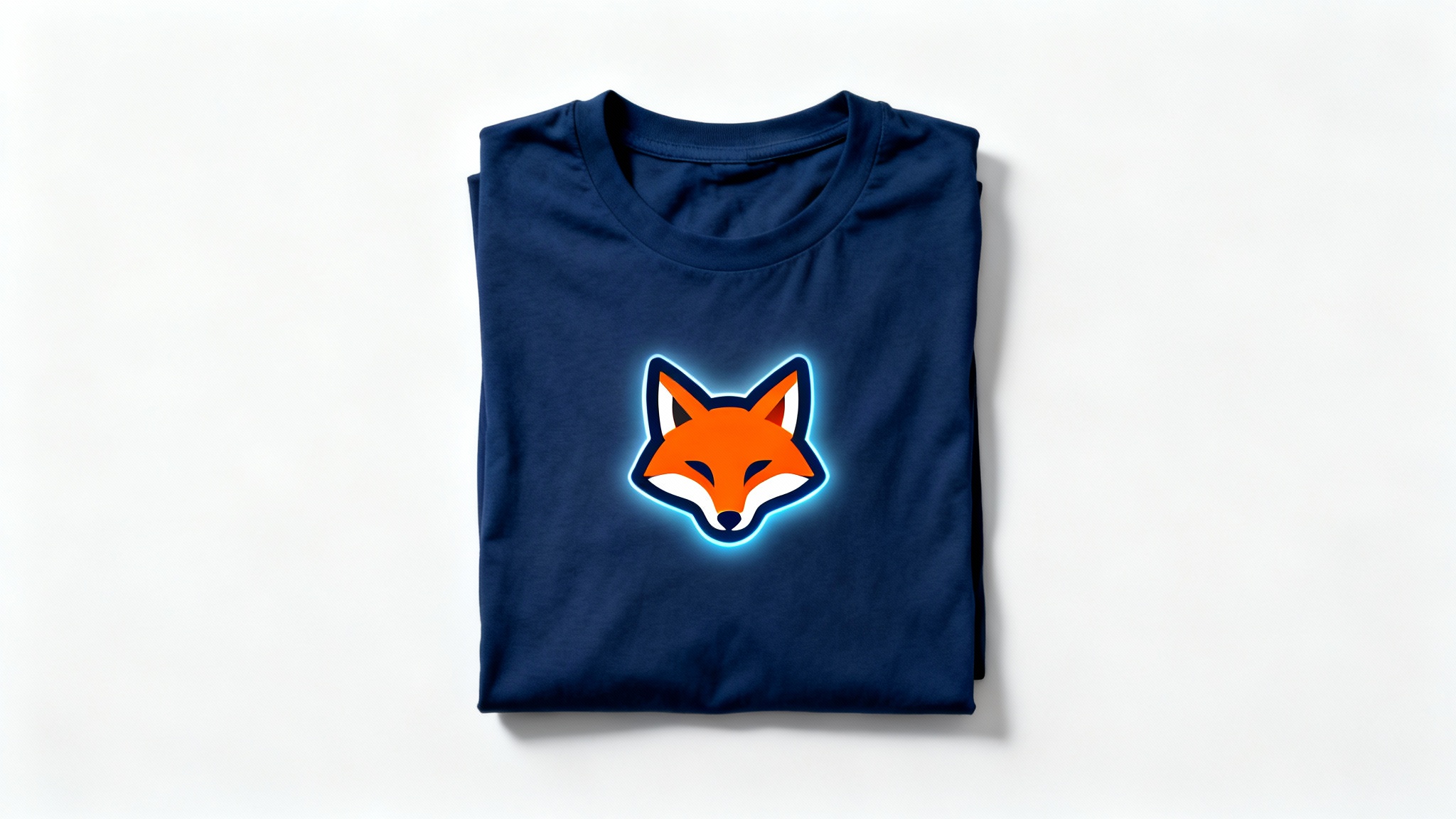 A neatly folded navy blue t-shirt on a white background, with a vibrant orange fox logo magically floating just above it, visually representing the concept of extracting a logo from clothing.