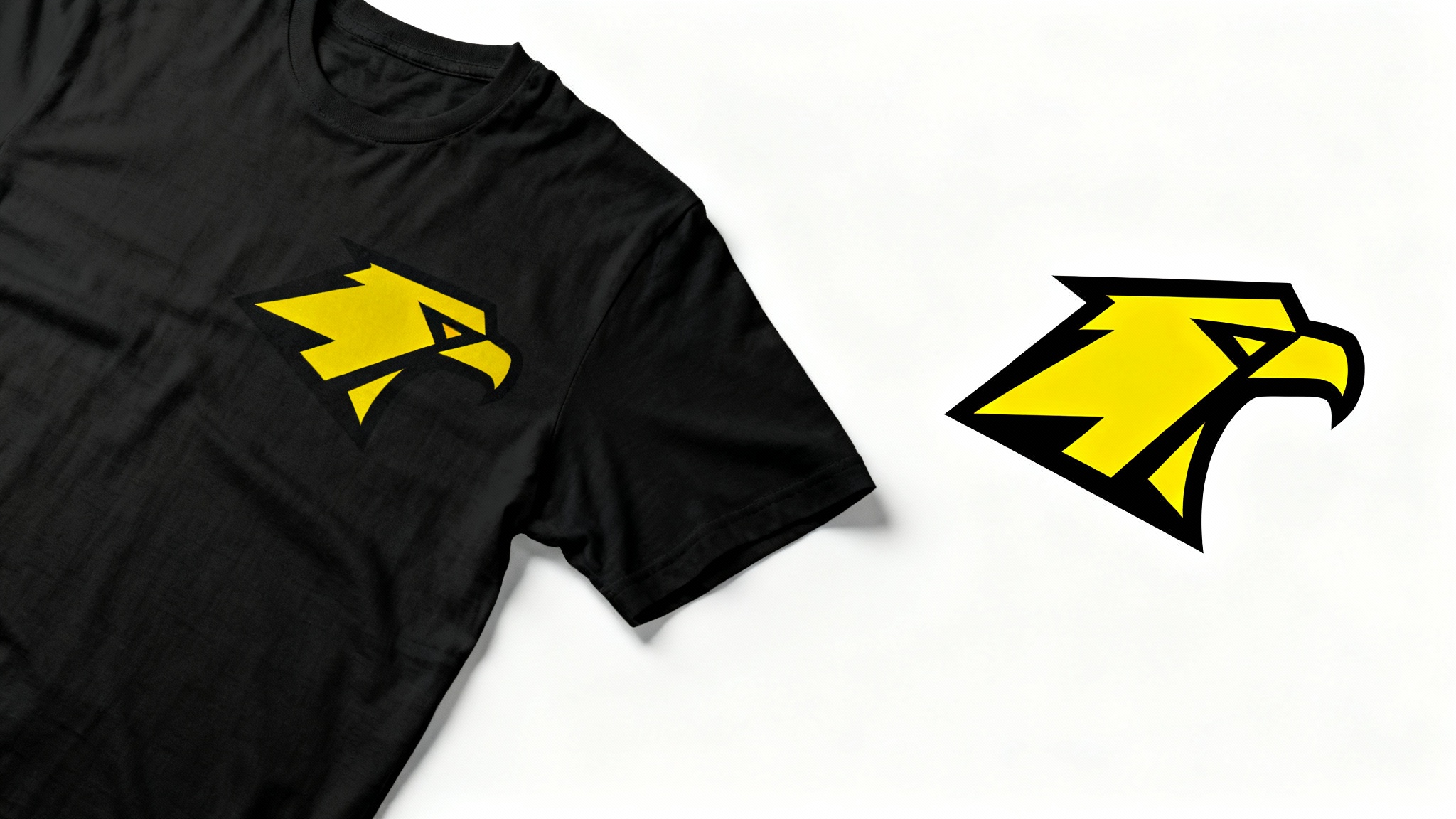 A black t-shirt with a yellow geometric eagle logo on the chest, laid flat next to the same eagle logo isolated on a white background, illustrating the concept of logo extraction.