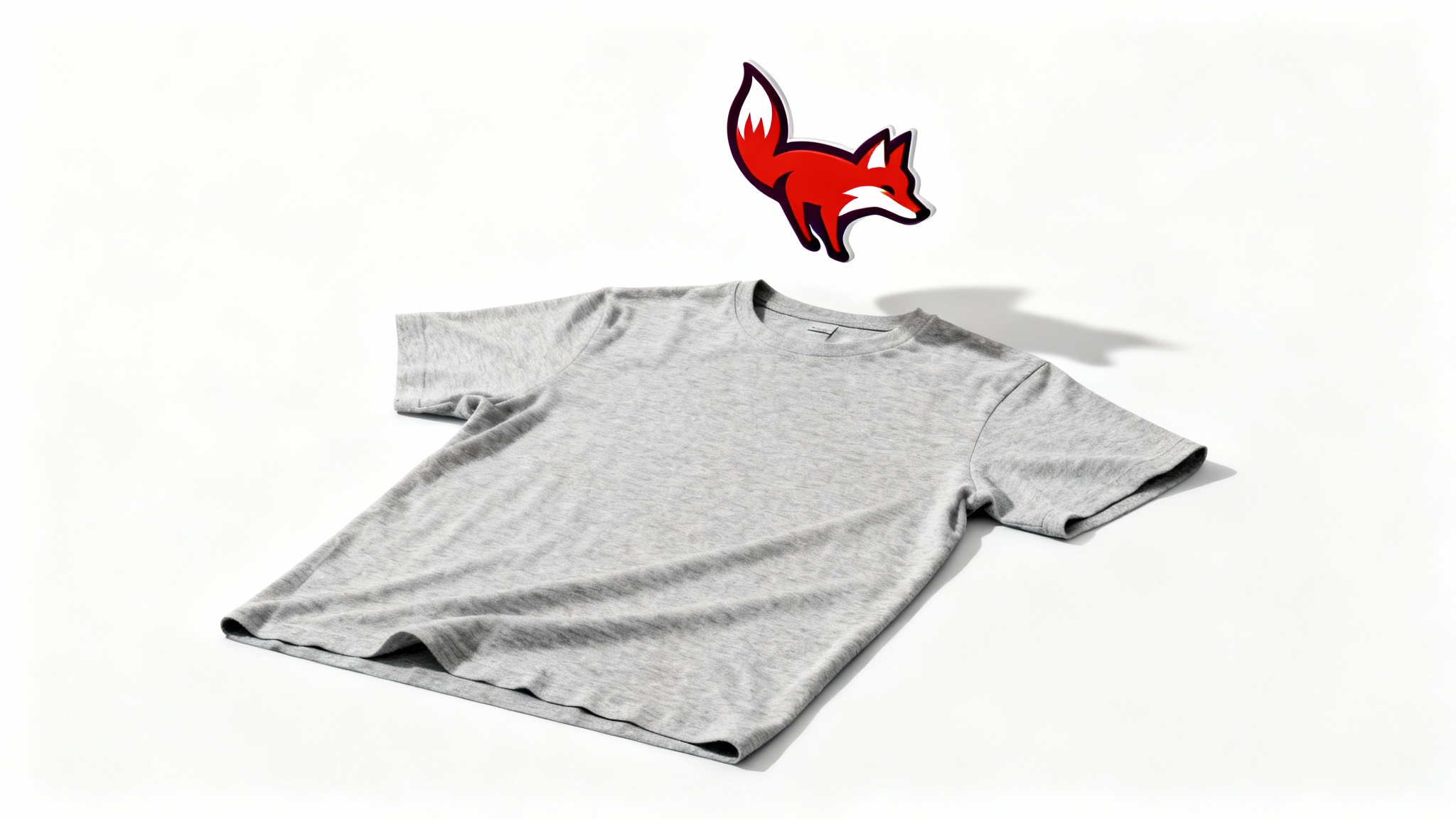 A flat-lay photo of a plain grey t-shirt on a white background, with a colorful fox logo floating above it, illustrating the concept of logo extraction from clothing.