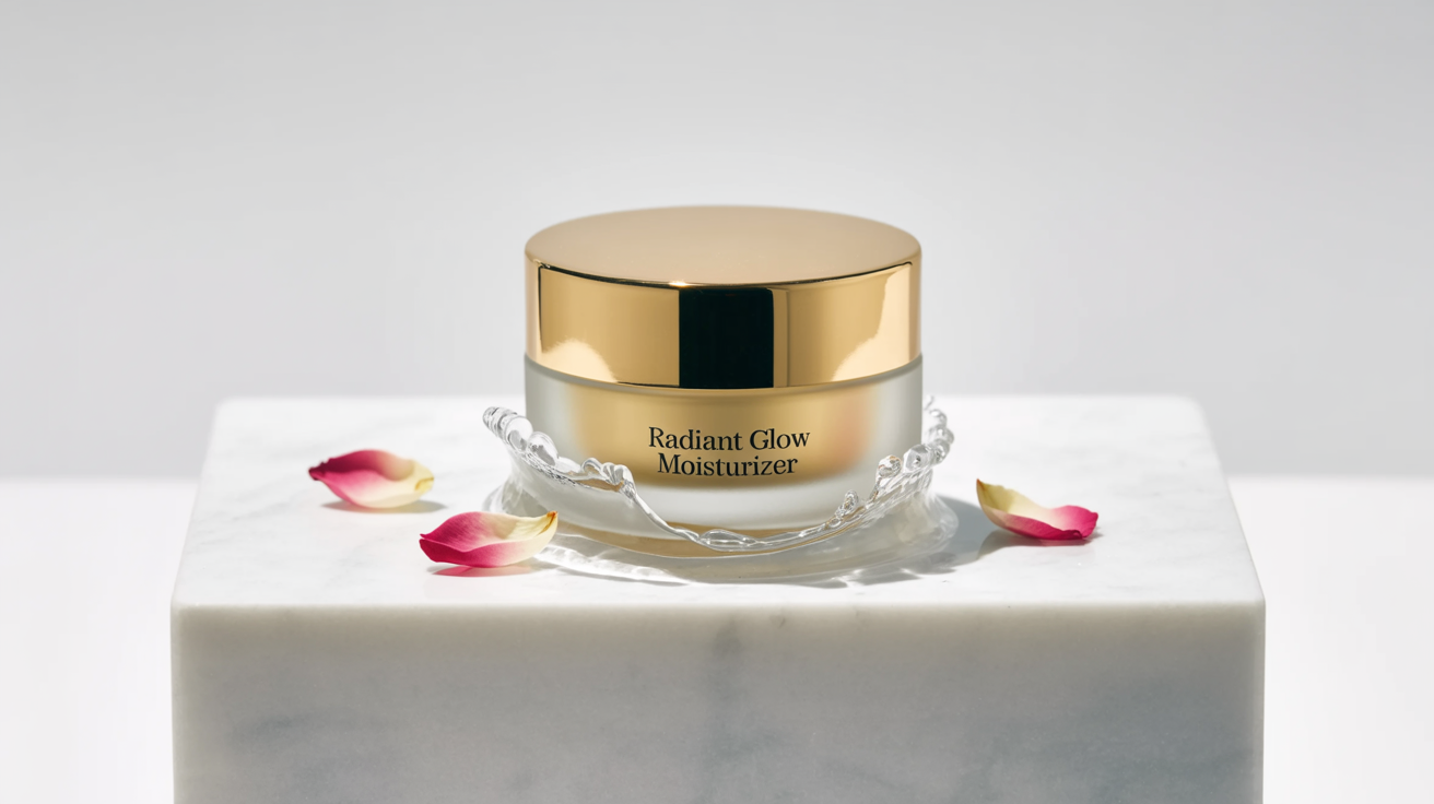 A professional product photograph of 'Radiant Glow Moisturizer' in a frosted glass jar with a gold lid, set on a wet marble surface with a dynamic water splash and dew-kissed pink rose petals.