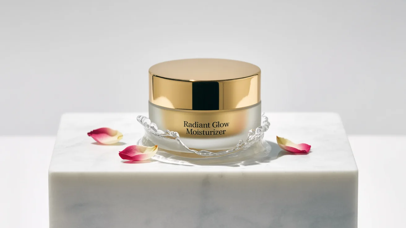 A professional product photograph of 'Radiant Glow Moisturizer' in a frosted glass jar with a gold lid, set on a wet marble surface with a dynamic water splash and dew-kissed pink rose petals.