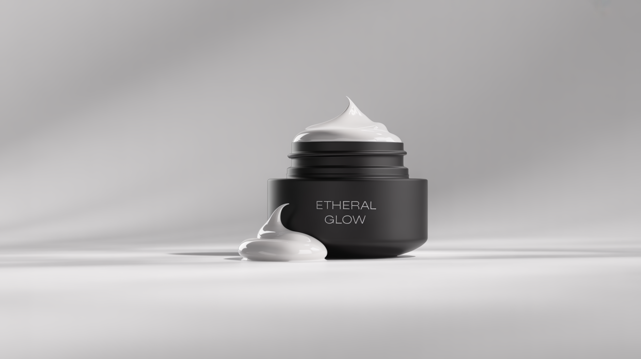 A luxurious matte black jar of face cream labeled 'ETHEREAL GLOW' is open, with a delicate swirl of white cream smeared next to it on a clean white background, showcasing its texture.