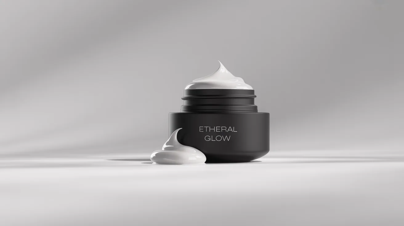 A luxurious matte black jar of face cream labeled 'ETHEREAL GLOW' is open, with a delicate swirl of white cream smeared next to it on a clean white background, showcasing its texture.