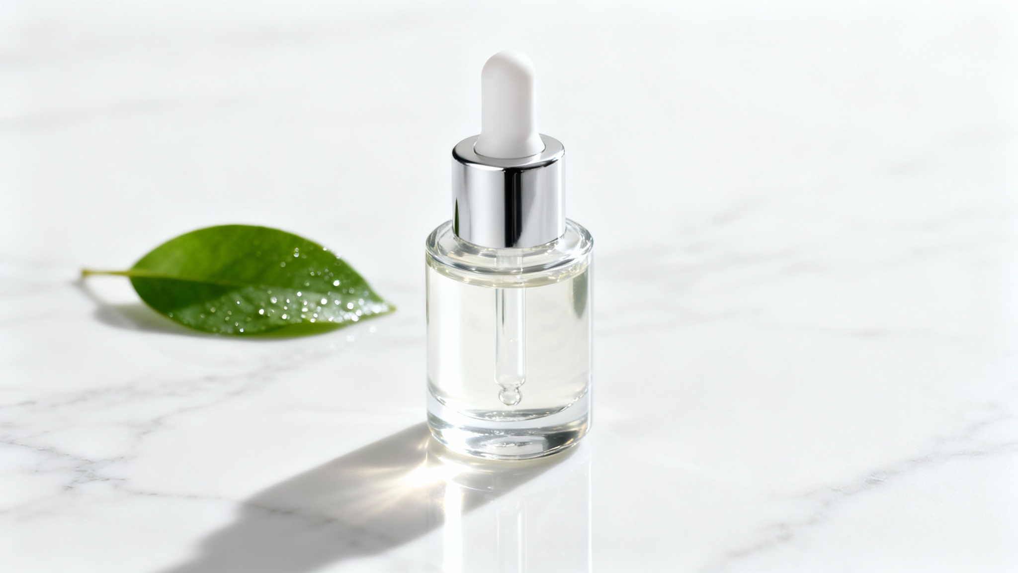 A professional cosmetic product photography mockup showing an elegant glass serum bottle with a silver cap, placed on a white marble surface with a single green leaf against a clean white background.