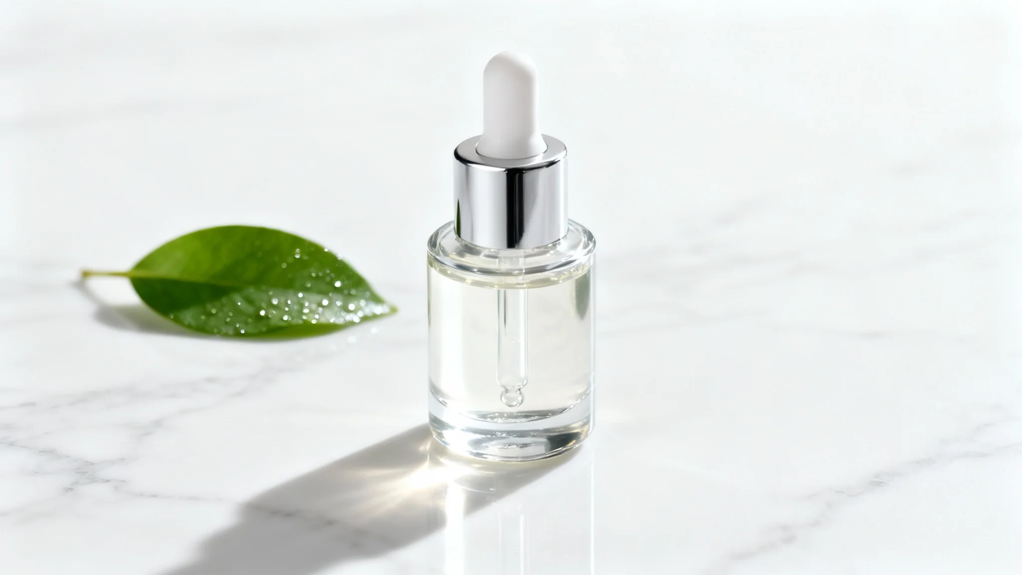 A professional cosmetic product photography mockup showing an elegant glass serum bottle with a silver cap, placed on a white marble surface with a single green leaf against a clean white background.