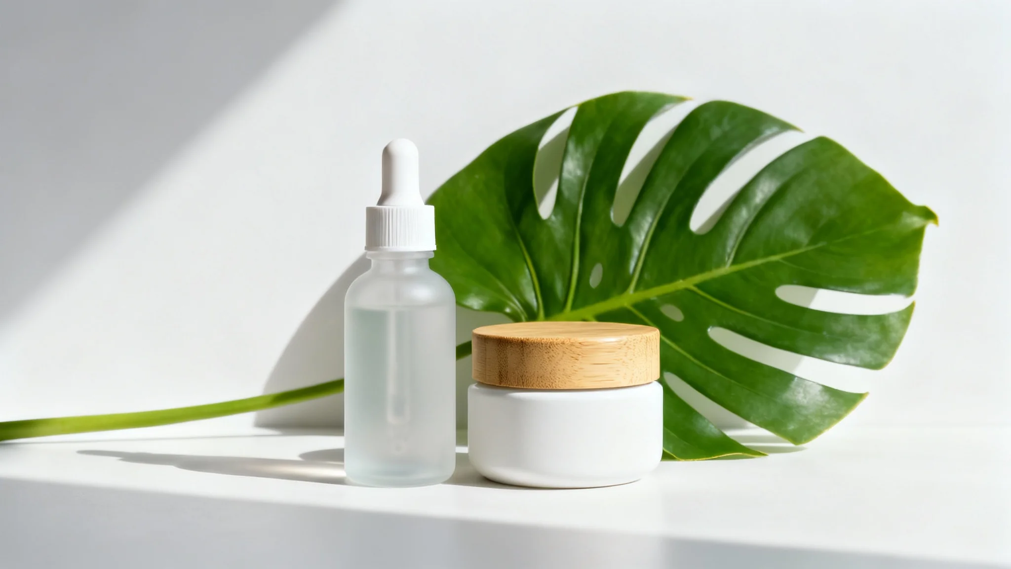 A professional product photograph of luxury cosmetic items, including a serum bottle and a cream jar, set against a clean white background with a single green leaf, evoking a natural and high-end feel.