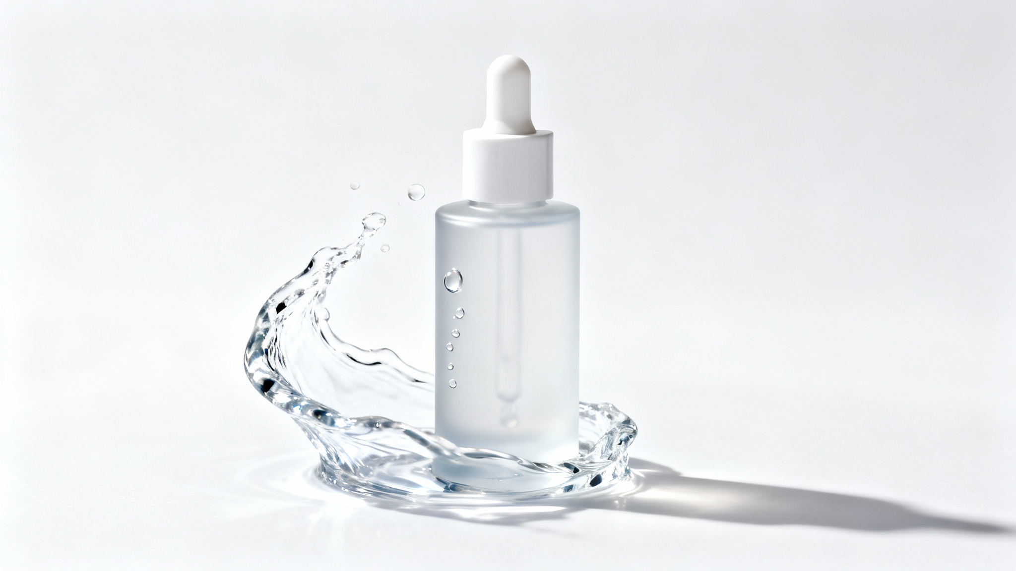 A luxurious product photograph of a frosted glass serum bottle set against a clean white background, with a dynamic splash of clear water around its base to signify hydration.