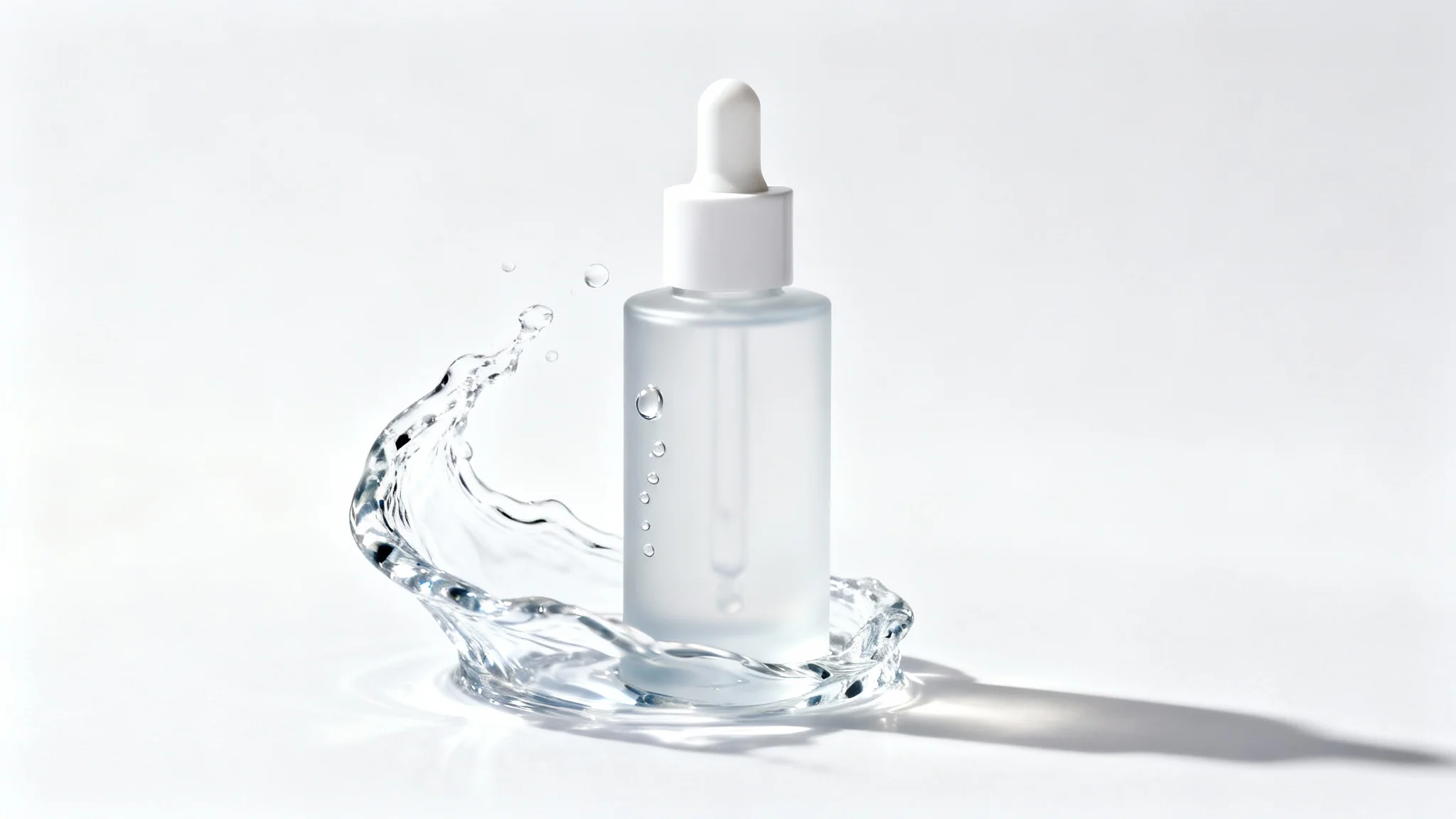 A luxurious product photograph of a frosted glass serum bottle set against a clean white background, with a dynamic splash of clear water around its base to signify hydration.