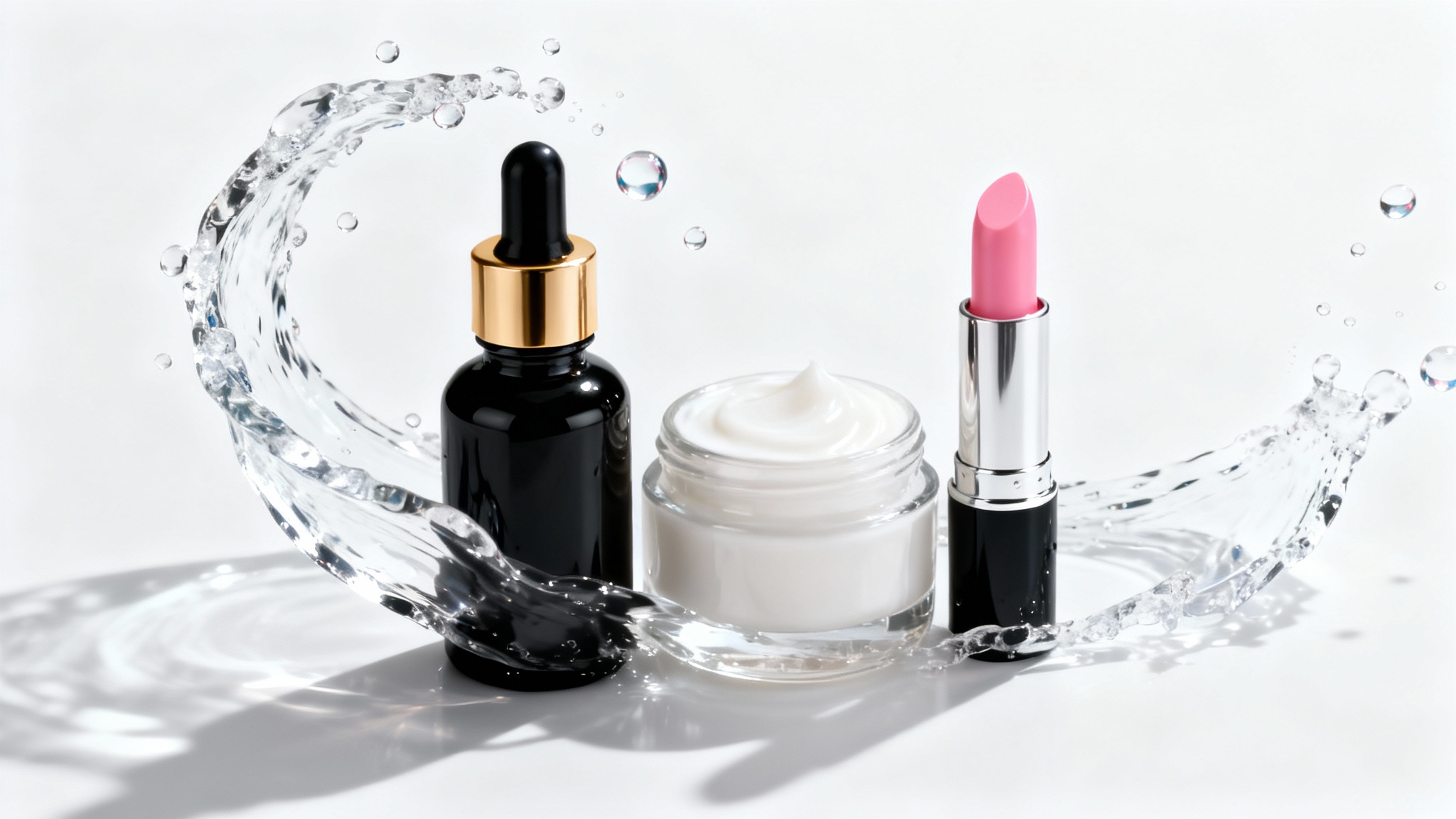 A professional product shot of luxury cosmetics, including a serum bottle and face cream, artfully arranged with a splash of water on a pure white background to convey hydration and freshness.
