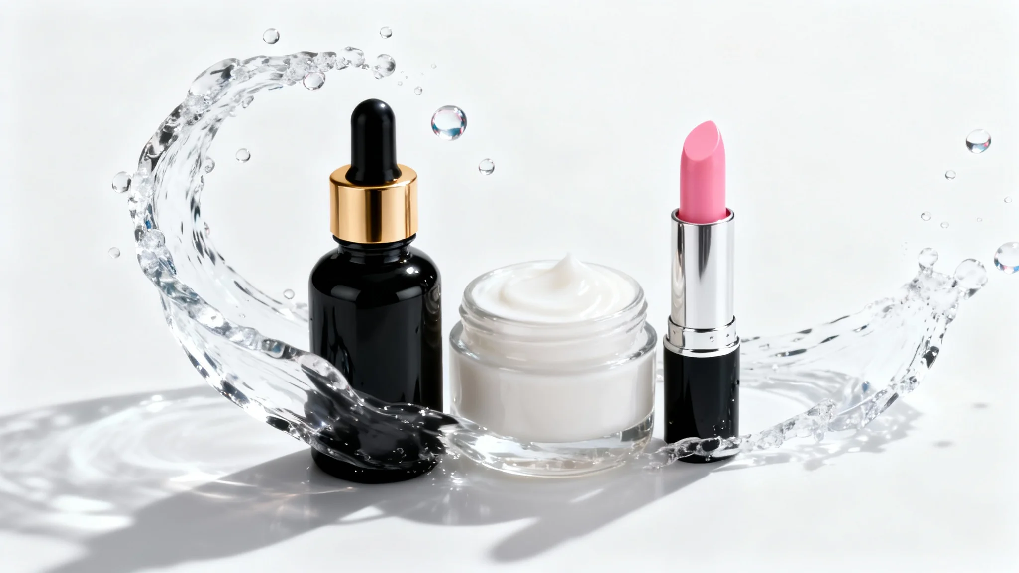A professional product shot of luxury cosmetics, including a serum bottle and face cream, artfully arranged with a splash of water on a pure white background to convey hydration and freshness.