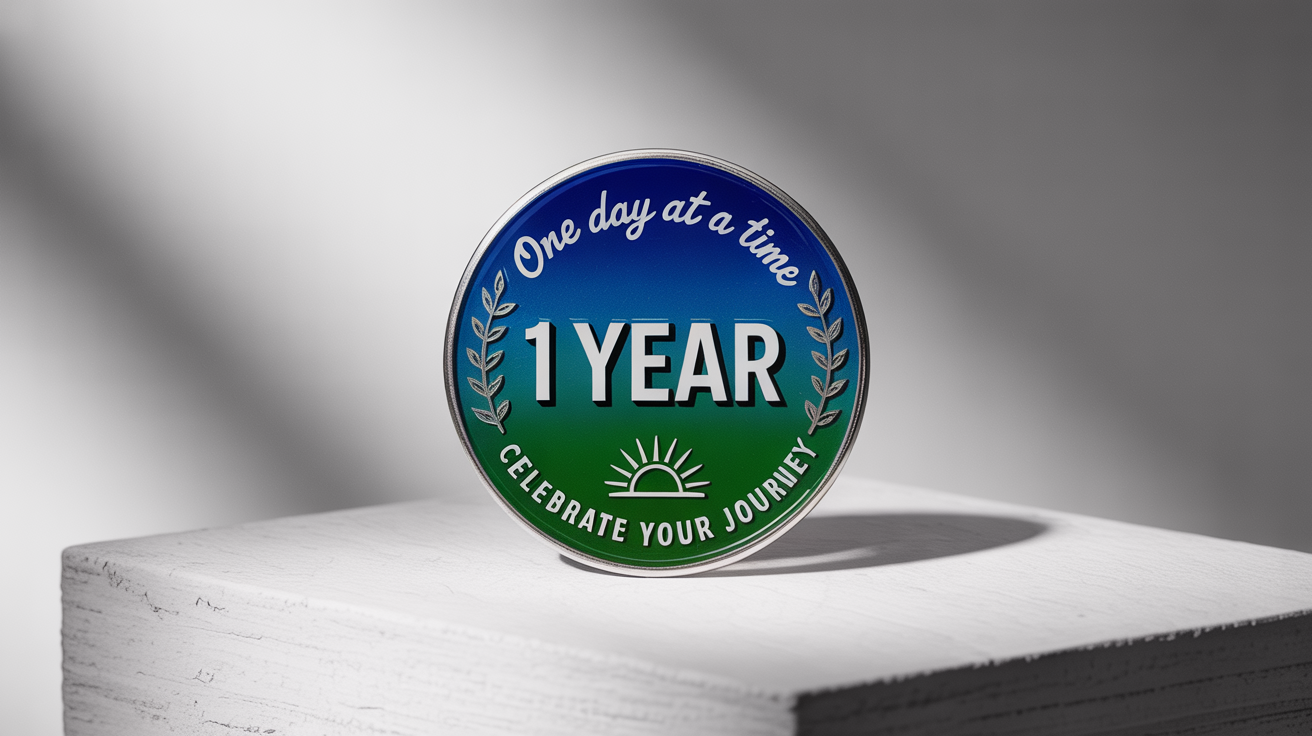 A photorealistic image of a custom-designed sobriety chip celebrating one year of sobriety, featuring a blue and green gradient, vine decorations, and the text 'One Day at a Time'.