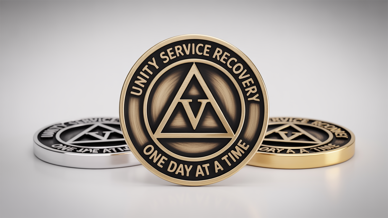 A photorealistic mockup of a bronze sobriety chip for a 5-year milestone, featuring the words 'Unity, Service, Recovery' and 'One Day at a Time', with other chips blurred in the background on a white surface.