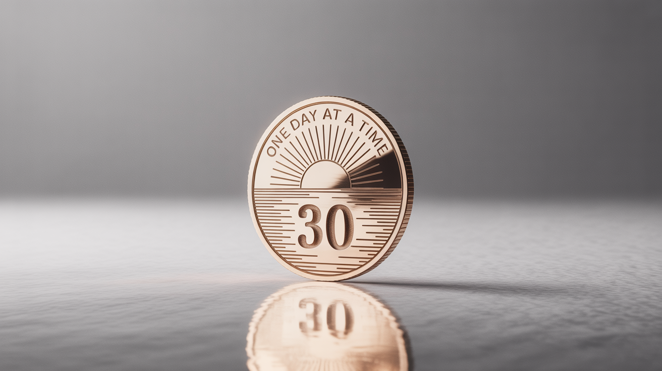A photorealistic mockup of a bronze 30-day sobriety chip featuring an engraved sunrise and the text 'One Day at a Time' on a clean white background.