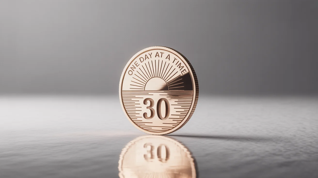 A photorealistic mockup of a bronze 30-day sobriety chip featuring an engraved sunrise and the text 'One Day at a Time' on a clean white background.