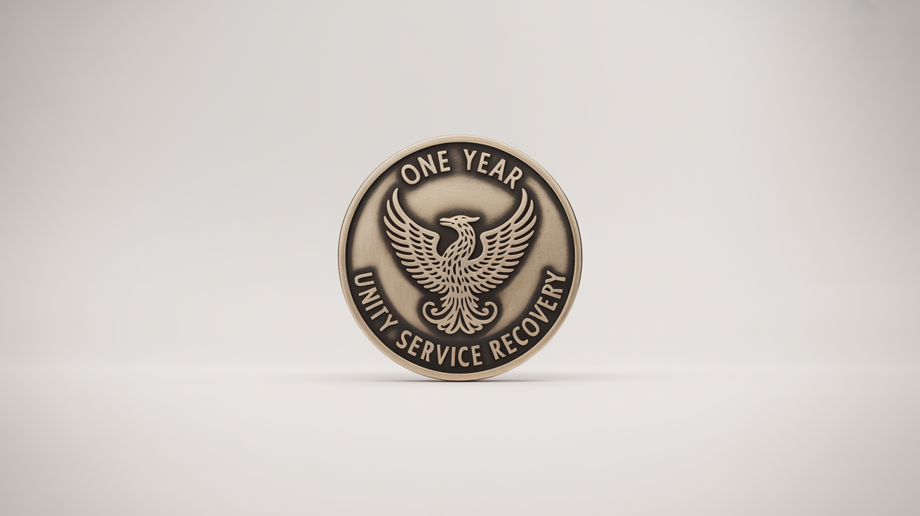 A photorealistic product mockup of a bronze one-year sobriety chip featuring an embossed phoenix, set against a clean white background. The text 'ONE YEAR' and 'UNITY SERVICE RECOVERY' is clearly visible.