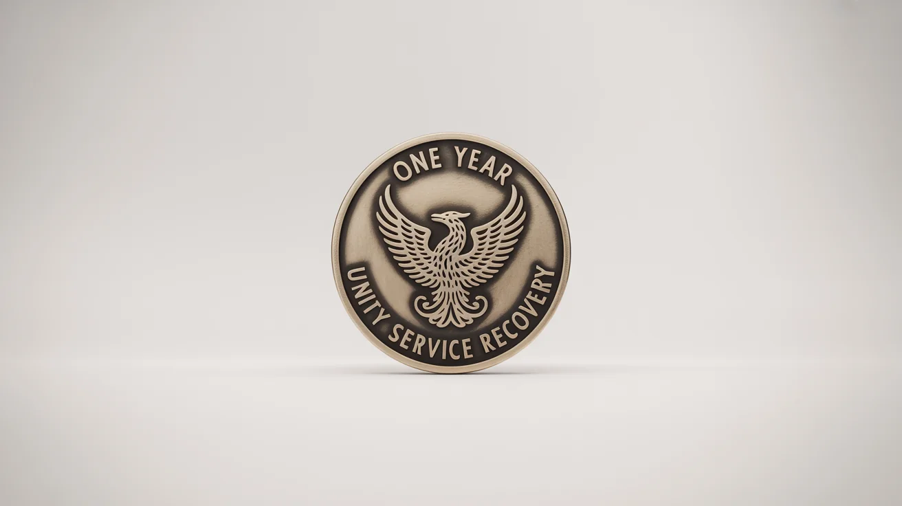 A photorealistic product mockup of a bronze one-year sobriety chip featuring an embossed phoenix, set against a clean white background. The text 'ONE YEAR' and 'UNITY SERVICE RECOVERY' is clearly visible.