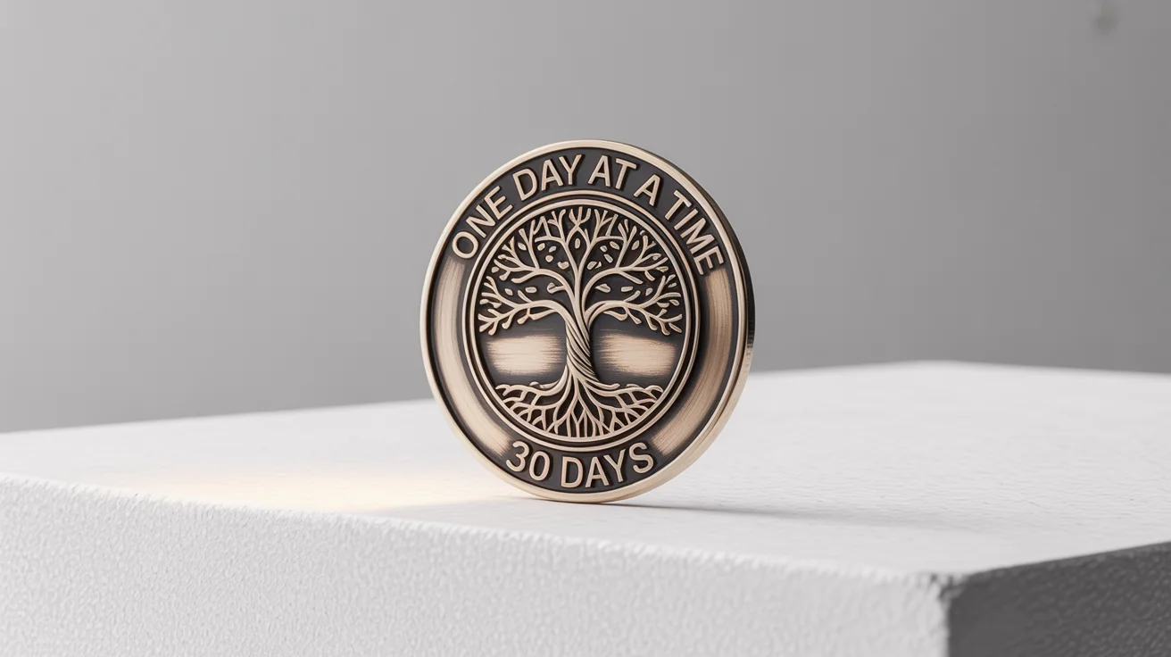 A photorealistic mockup of a bronze sobriety chip on a white background, embossed with a tree of life and the legible words 'ONE DAY AT A TIME' and '30 DAYS'.