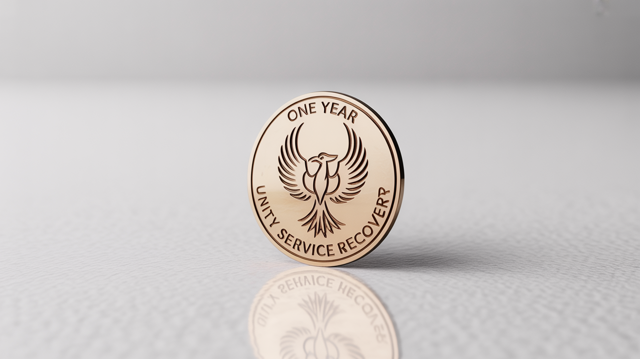 A close-up product photo of a polished bronze sobriety chip, engraved with a phoenix and the words 'One Year', 'Unity', 'Service', and 'Recovery', set against a plain white background.