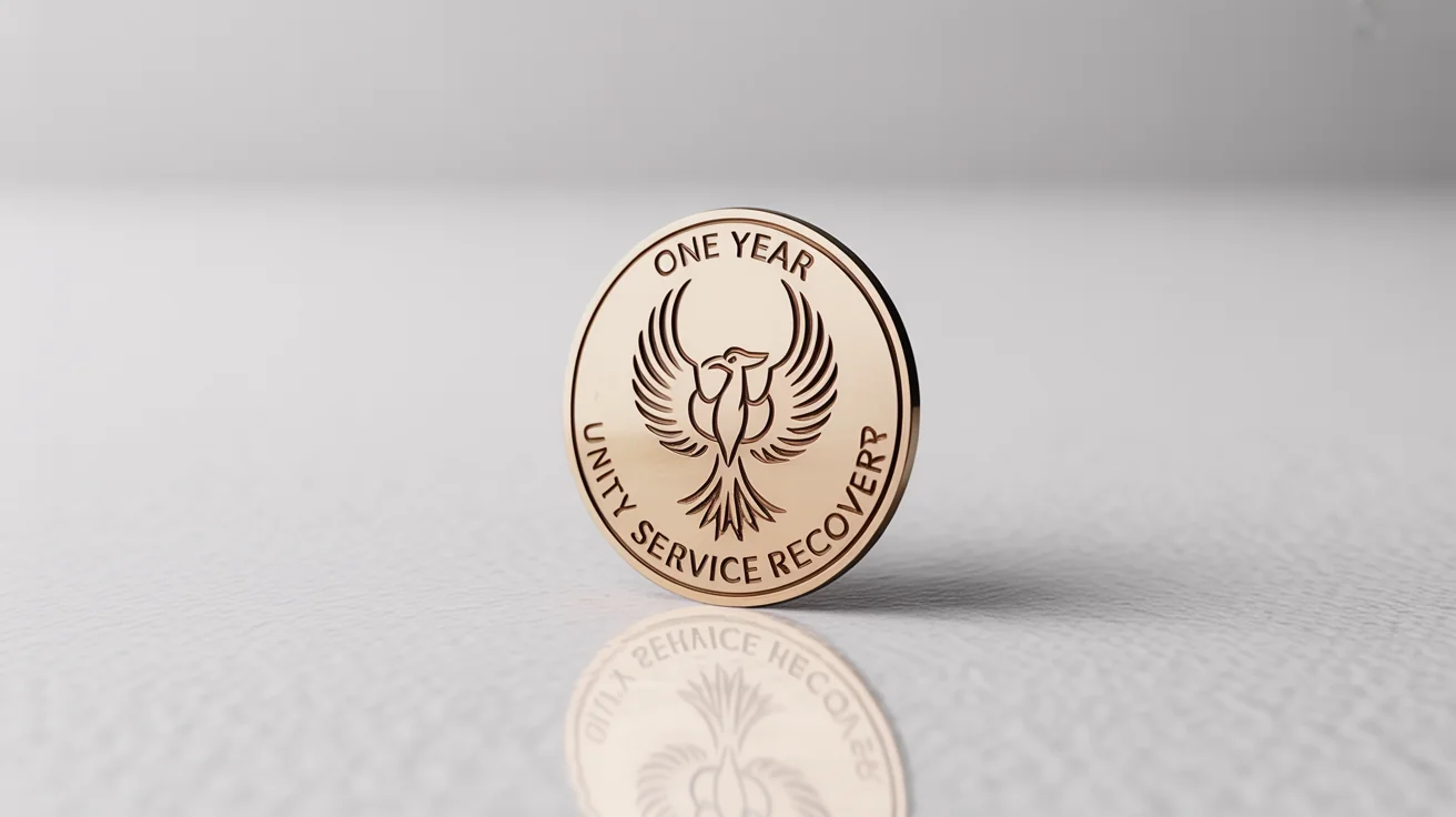 A close-up product photo of a polished bronze sobriety chip, engraved with a phoenix and the words 'One Year', 'Unity', 'Service', and 'Recovery', set against a plain white background.