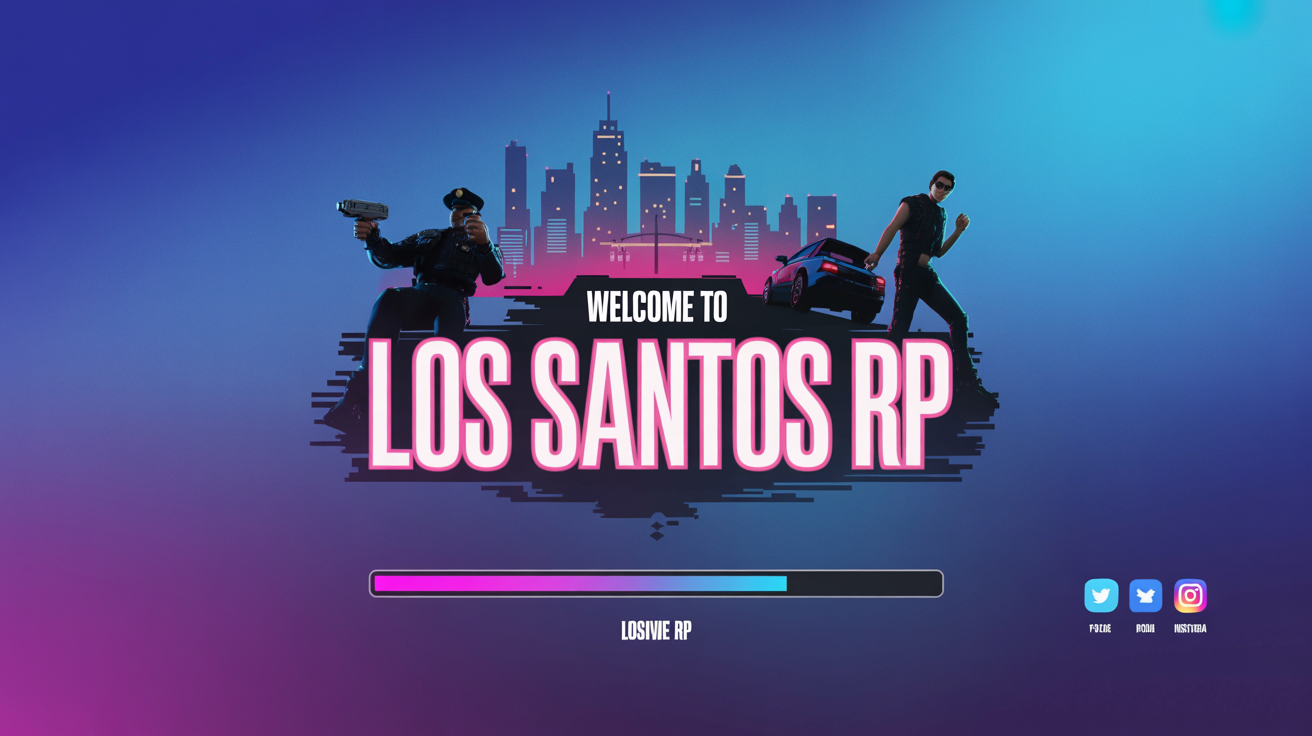 A polished and vibrant FiveM loading screen design showing a neon city skyline at dusk. In the center, it says 'WELCOME TO LOS SANTOS RP' above a loading bar, with silhouettes of game characters in the foreground.